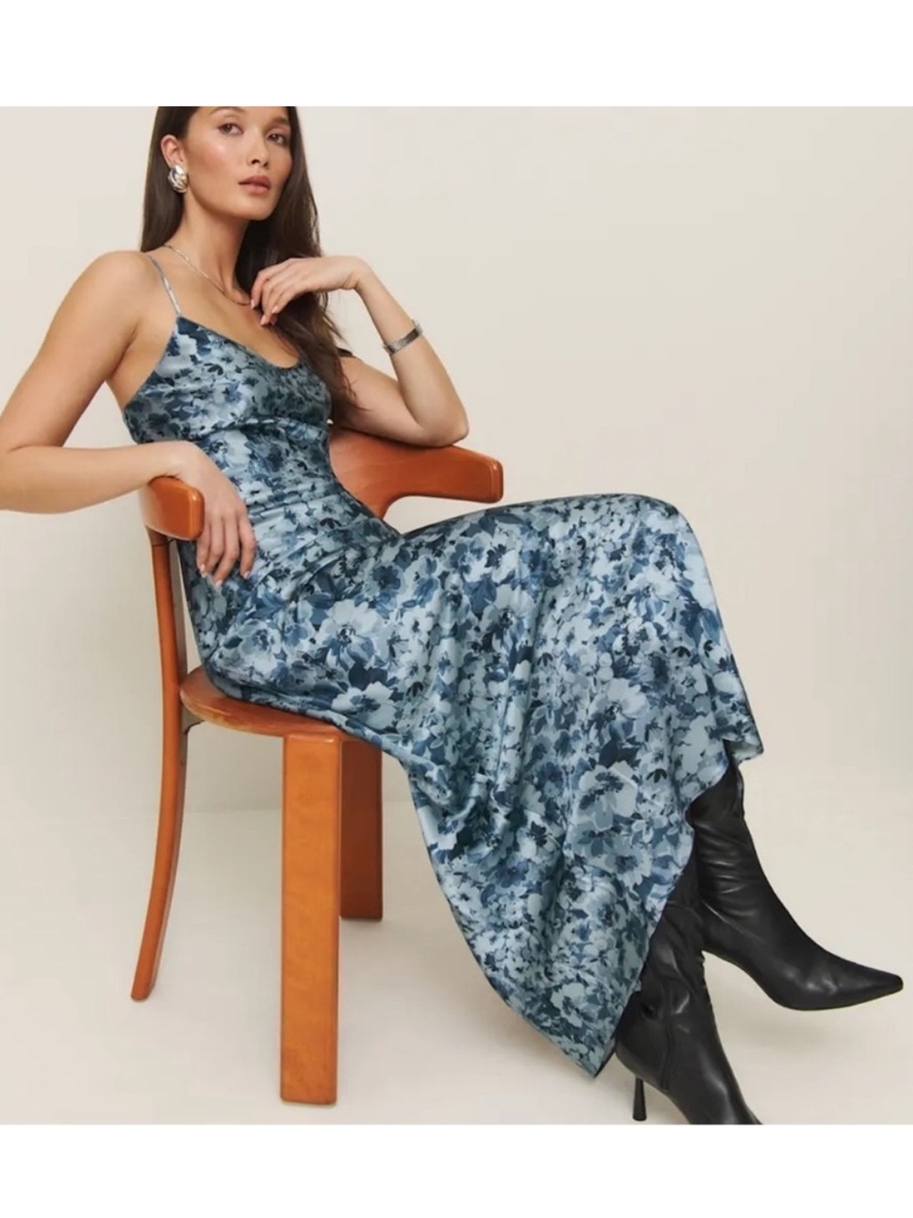 Reformation Parma Silk Floral Print Maxi Dress Bliss Blue Size Large